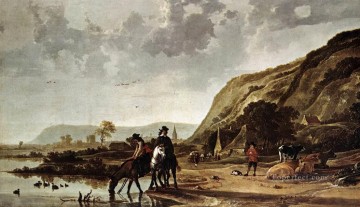  horsemen tableaux - Grande rivière Paysage avec des peintres de paysages de campagne Horsemen Aelbert Cuyp